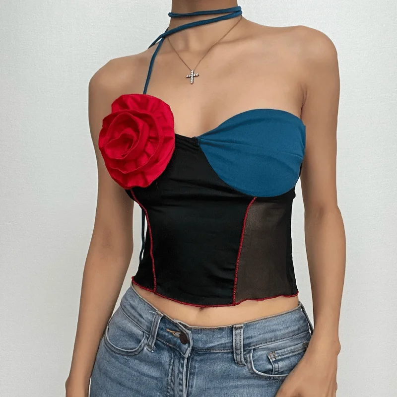 Flower applique patchwork irregular halter stitch crop top Mesh Canvas Denim