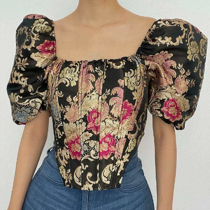 Embroidery zip-up square neck puff short sleeve crop top Seamless Knitted Crochet