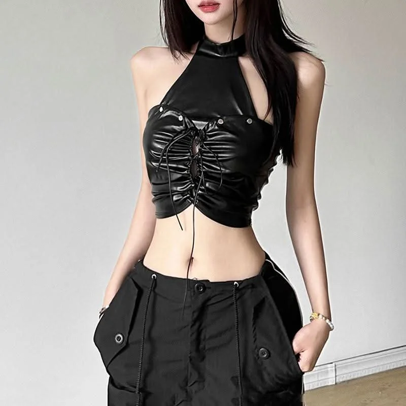 Halter backless PU leather zip-up crop top Silk Blend Satin Velvet