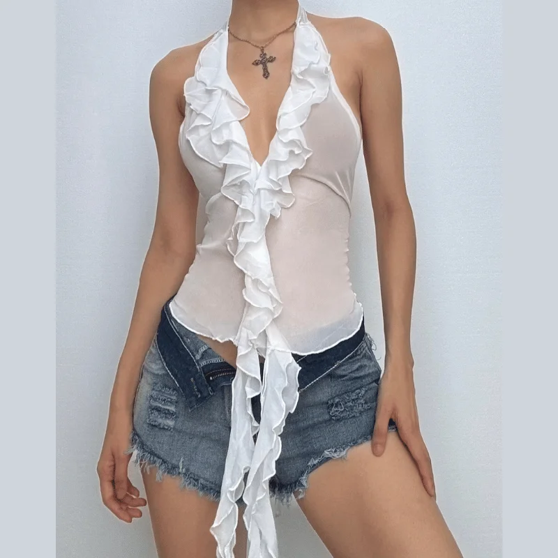 Halter v neck ruffle mesh crop top Spandex Blend Rayon Blend Denim Blend