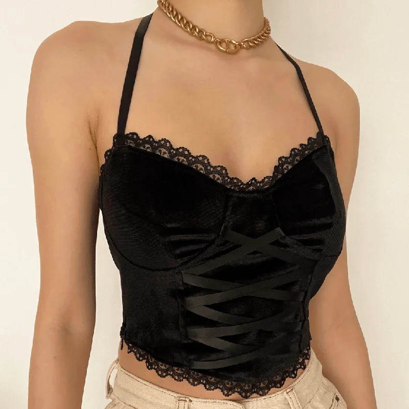Hem lace backless halter crop top Satin Fabric Silk Fabric Chiffon Fabric