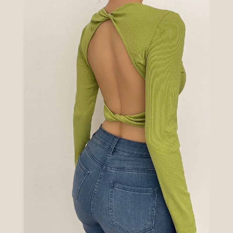 Knotted backless solid long sleeve ribbed crop top Asymmetrical Pockets Print