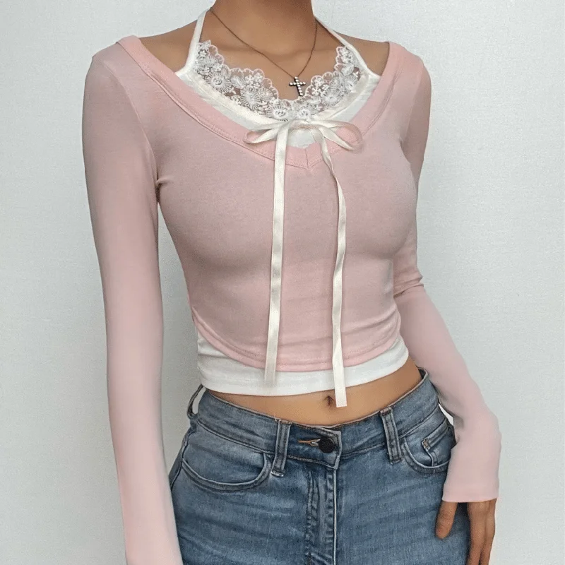 Lace contrast halter patchwork long sleeve crop top Cozy Warm Stylish