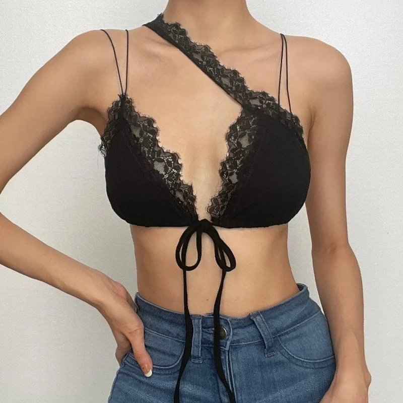 Lace hem irregular self tie backless solid crop top Hooded Caped Shawl Collar