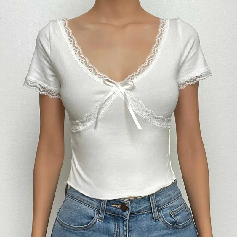Lace hem solid short sleeve v neck bowknot crop top Mesh Fabric Canvas Fabric Denim Fabric Lace hem solid short sleeve v neck bowknot crop top Mesh Fabric Canvas Fabric Denim Fabric