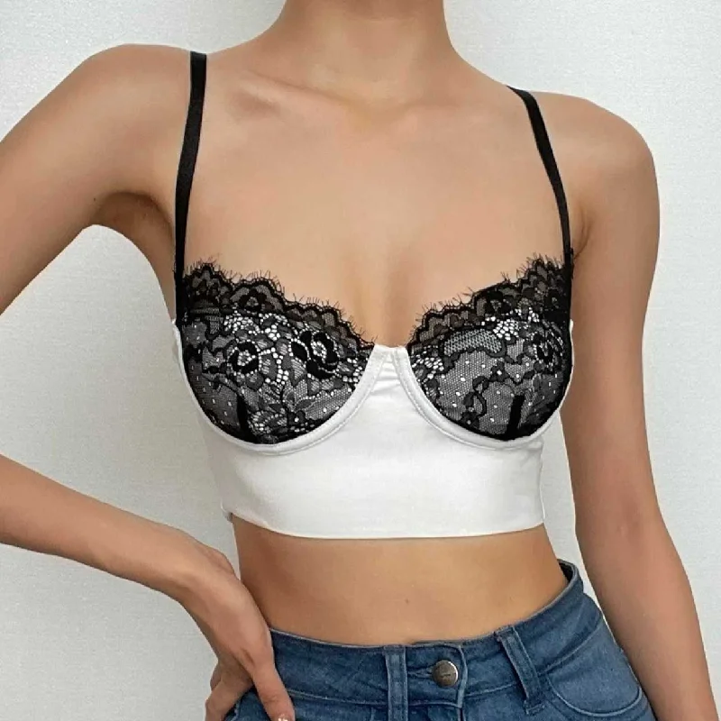 Lace patchwork backless low cut contrast cami crop top Fleece Nylon Spandex