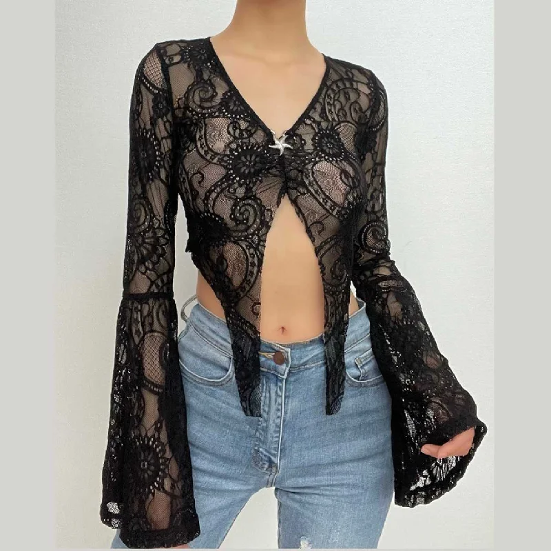 Lace solid flared sleeve star applique see through crop top Layered Multi-layer Single Layer Lace solid flared sleeve star applique see through crop top Layered Multi-layer Single Layer