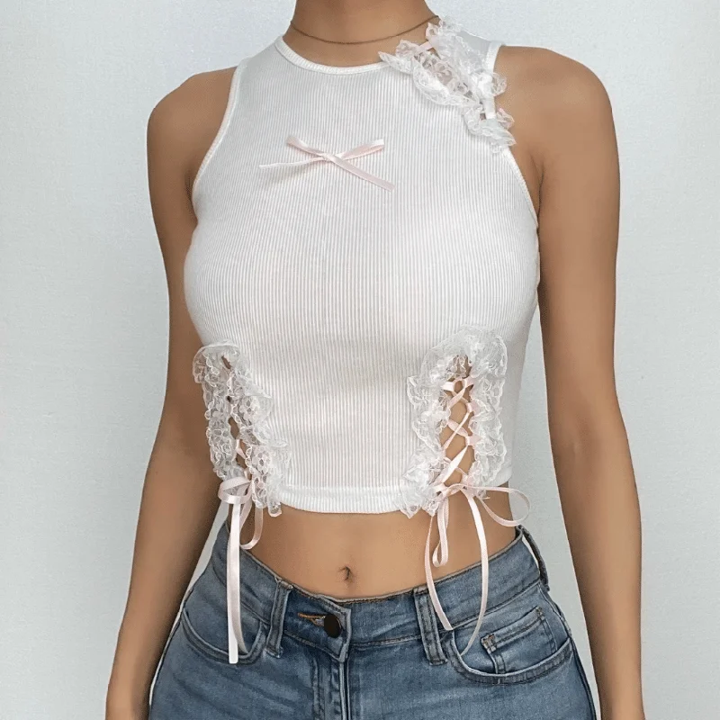 Lace up contrast lace hem sleeveless bowknot crop top Anti-Pilling Machine Wash Handmade Lace up contrast lace hem sleeveless bowknot crop top Anti-Pilling Machine Wash Handmade