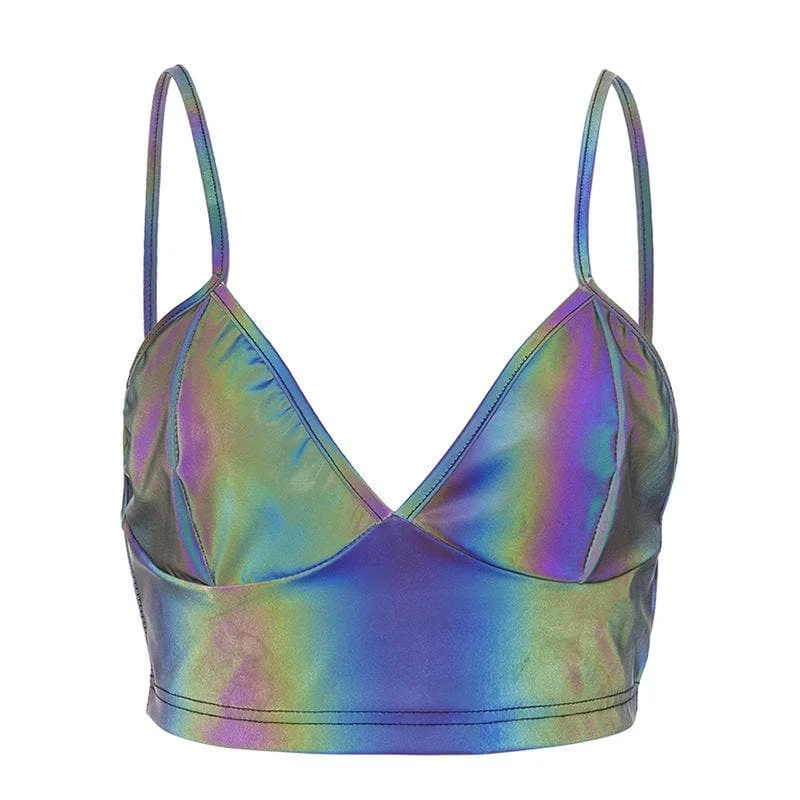 Laser metallic v neck backless cami crop top Rayon Velvet Corduroy