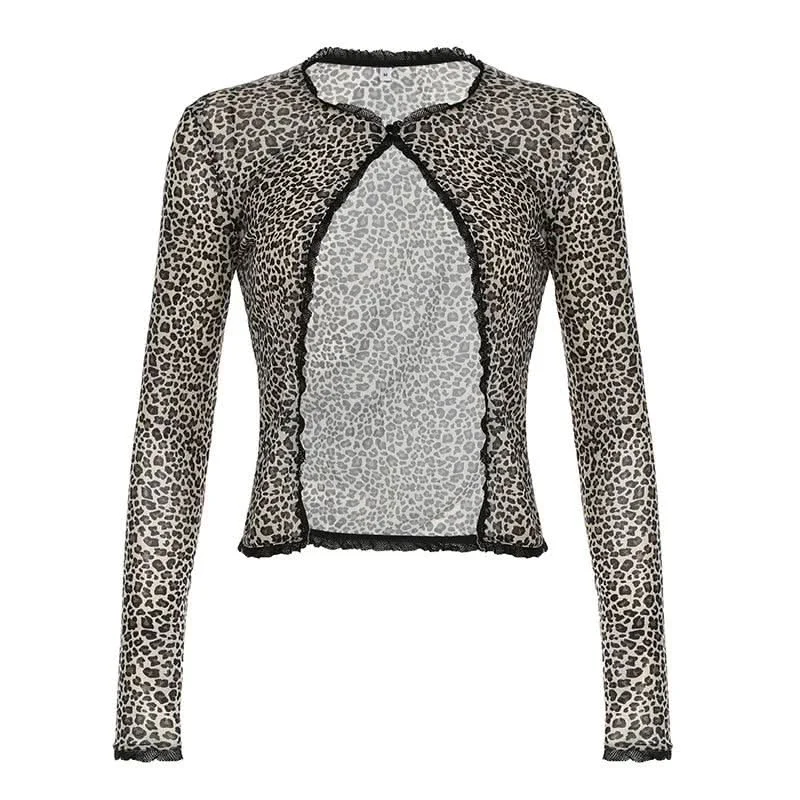 Leopard print long sleeve mesh crop top Asymmetrical Pockets Print