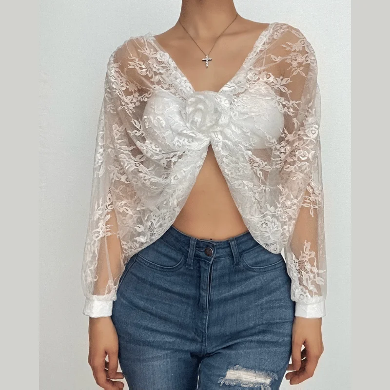 Long puff sleeve lace see through flower applique backless crop top Notch Collar Peter Pan Collar Cowl Neck Long puff sleeve lace see through flower applique backless crop top Notch Collar Peter Pan Collar Cowl Neck