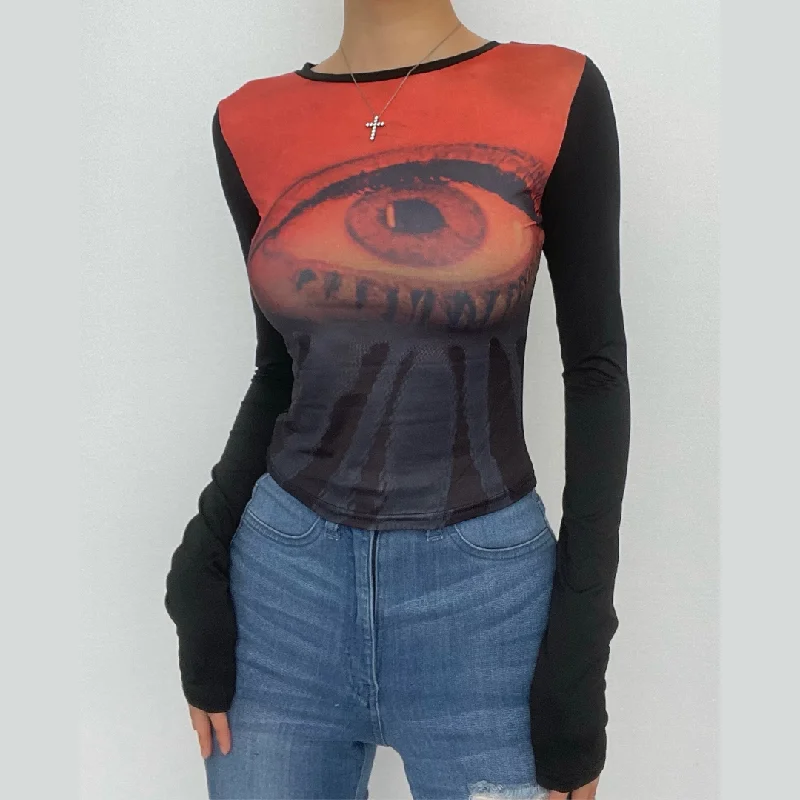 Long sleeve abstract contrast round neck crop top Modern Contemporary Chic