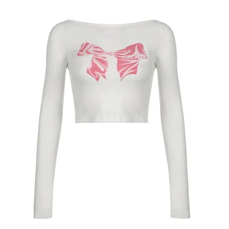 Long sleeve bowknot pattern contrast crop top Collared Crew Neck Turtle Neck