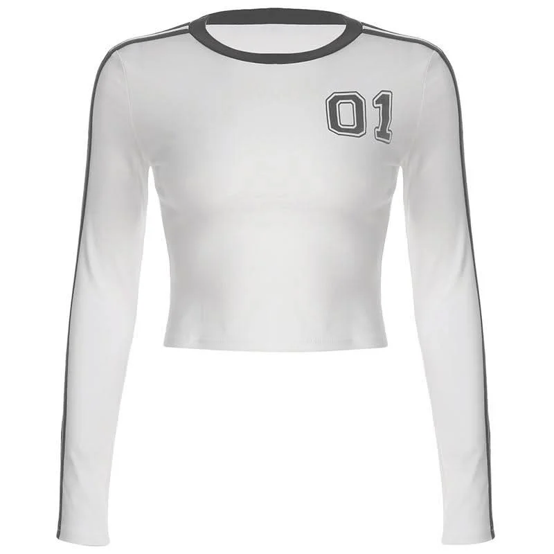 Long sleeve crewneck "01" print crop top Collared Crop Top Boat Neck A-Line