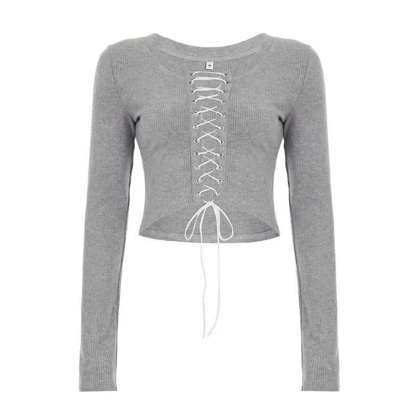 Long sleeve crewneck lace up crop top Elasticated Padded Insulated