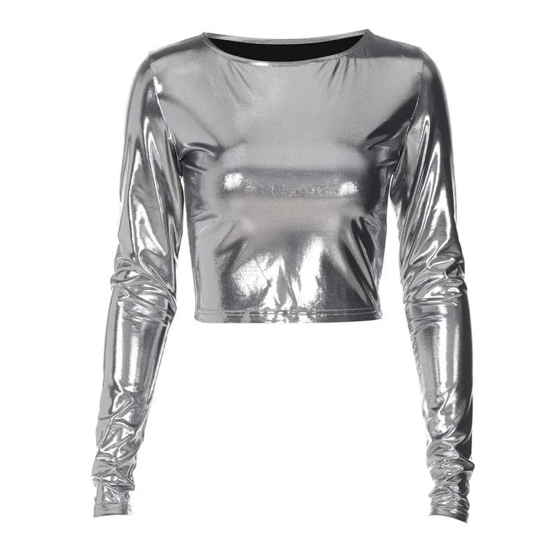 Long sleeve crewneck metallic solid crop top Chenille Brocade Lace