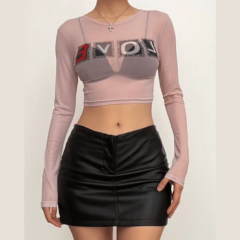 Long sleeve "LOVE" pattern crewneck sheer mesh crop top Collared Crew Neck Turtle Neck Long sleeve "LOVE" pattern crewneck sheer mesh crop top Collared Crew Neck Turtle Neck