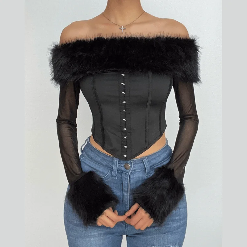Long sleeve mesh bustier feather button off shoulder bustier crop top Solid Print Embellished Long sleeve mesh bustier feather button off shoulder bustier crop top Solid Print Embellished