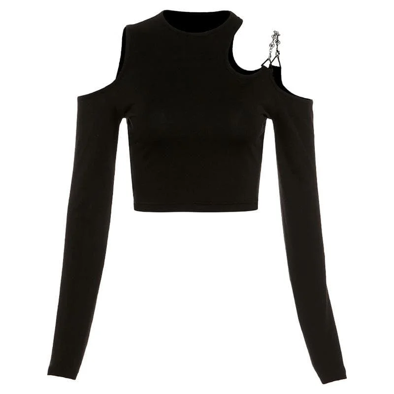 Long sleeve off shoulder metal chain crewneck solid crop top Notch Collar Peter Pan Collar Cowl Neck Long sleeve off shoulder metal chain crewneck solid crop top Notch Collar Peter Pan Collar Cowl Neck