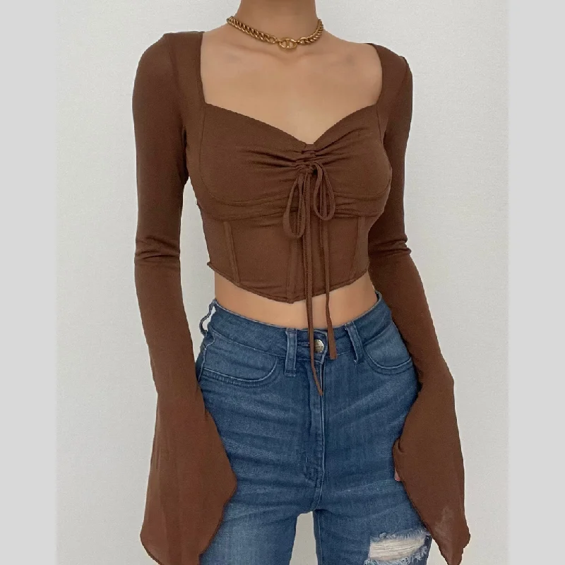 Long sleeve solid drawstring ruched self tie crop top Mesh Blend Leather Blend Suede Blend Long sleeve solid drawstring ruched self tie crop top Mesh Blend Leather Blend Suede Blend