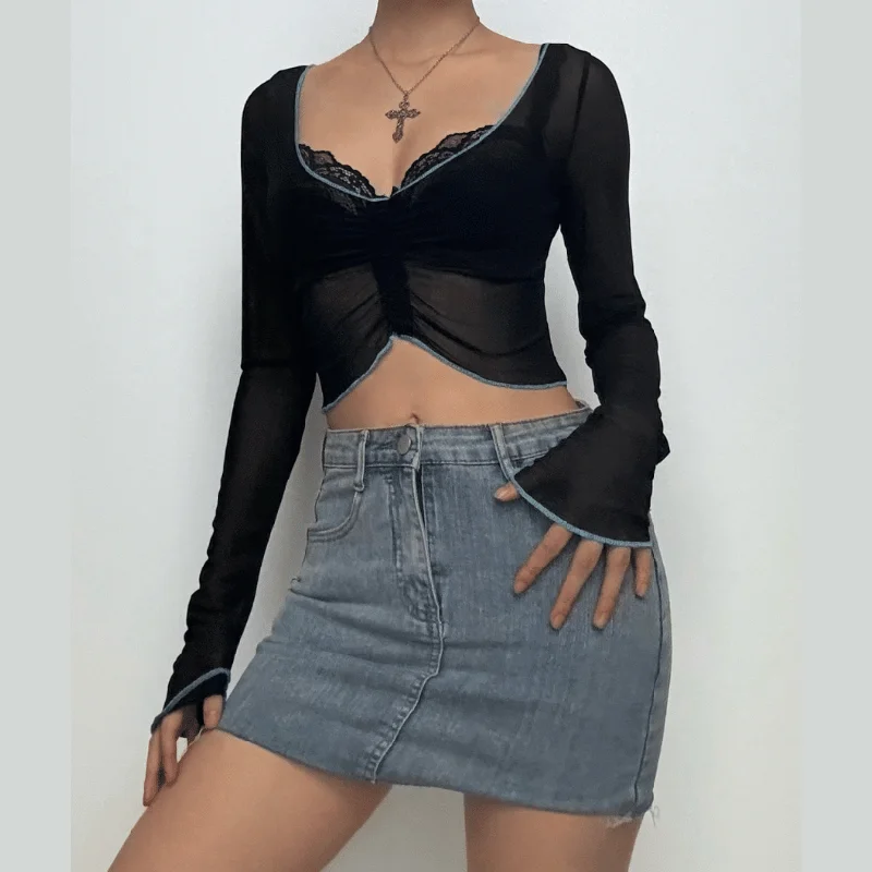 Long sleeve stitch sheer mesh ruffle crop top Boxy Fit Fitted Loose