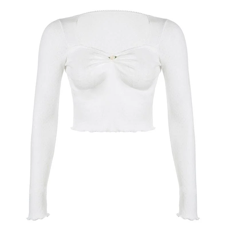 Long sleeve textured flower applique crop top Striped Floral Plaid
