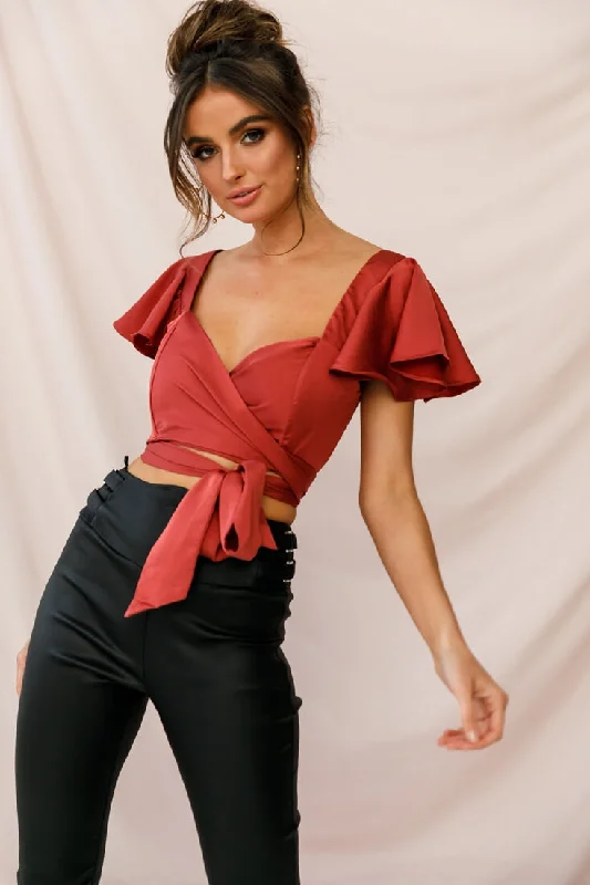 Marquise Wrap Crop Top Rosewood Denim Fabric Leather Fabric Suede Fabric