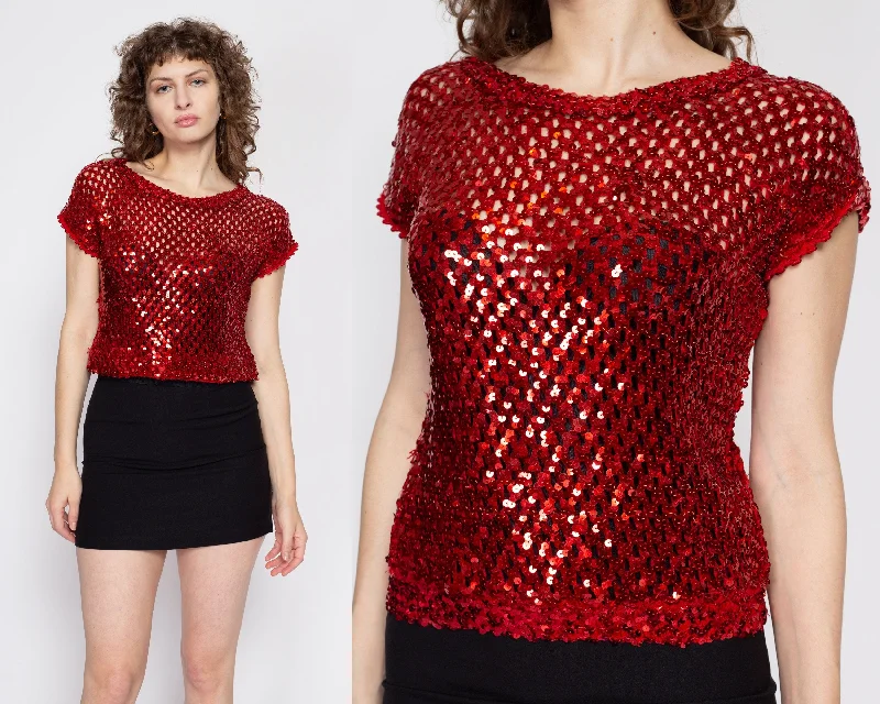 Medium 70s Red Sequin Disco Crop Top Hooded Caped Shawl Collar