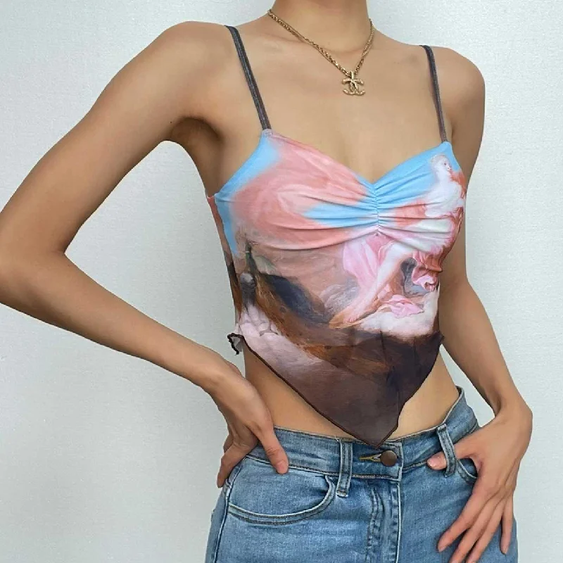 Mesh abstract contrast v neck ruched lace up cami crop top Graphic Embroidered Appliqued Mesh abstract contrast v neck ruched lace up cami crop top Graphic Embroidered Appliqued