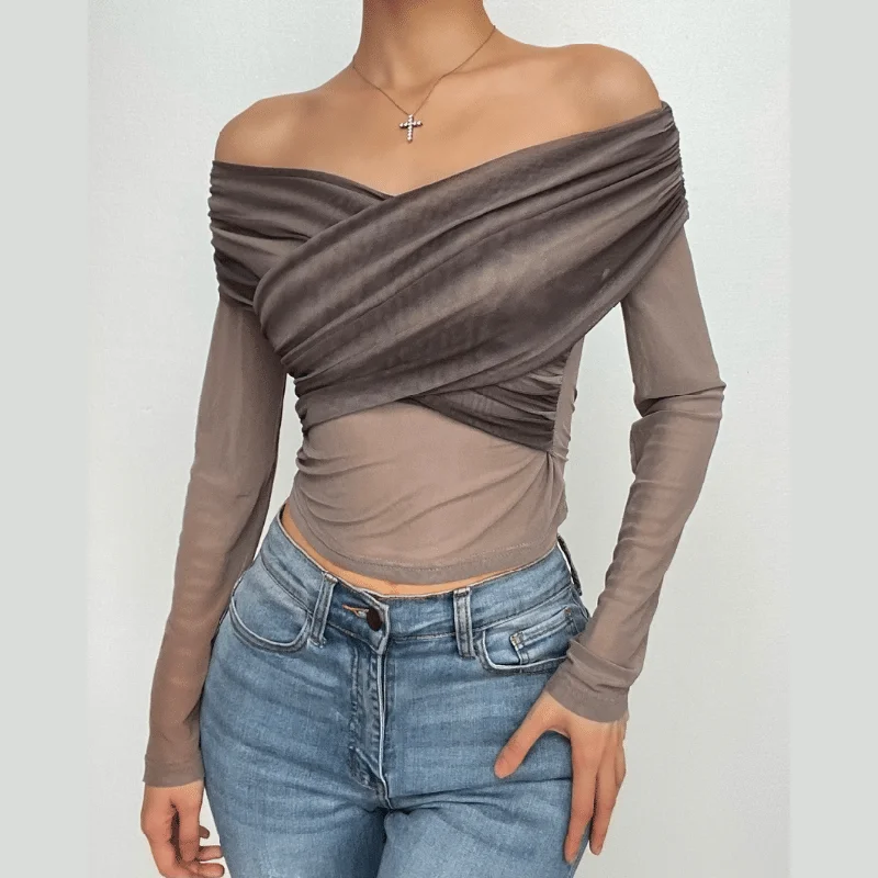 Mesh cross front off shoulder long sleeve ruched crop top Mesh Canvas Denim
