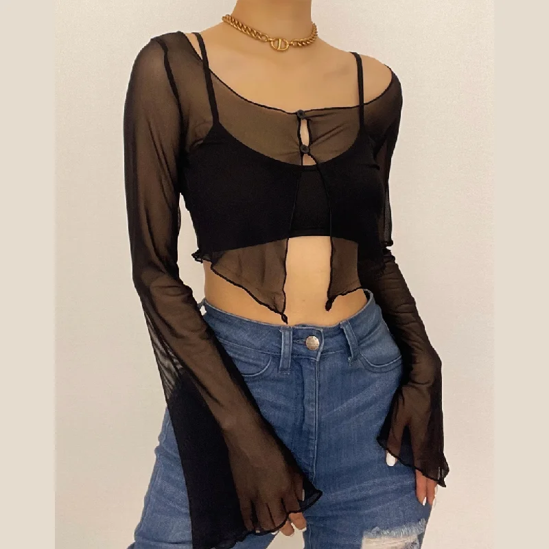 Mesh long sleeve ruffle button square neck solid cami 2 piece crop top Beaded Sequined Faux Fur Mesh long sleeve ruffle button square neck solid cami 2 piece crop top Beaded Sequined Faux Fur