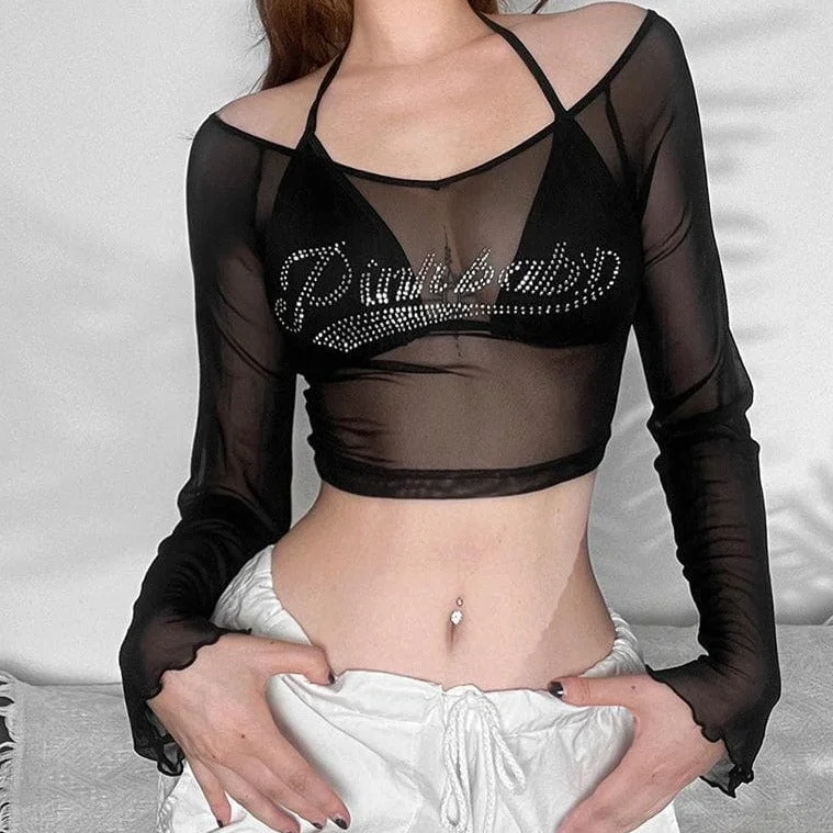 Mesh off shoulder long sleeve beaded halter 2 piece crop top Terry Blend Velvet Blend Canvas Blend Mesh off shoulder long sleeve beaded halter 2 piece crop top Terry Blend Velvet Blend Canvas Blend