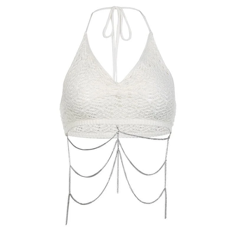 Metal chain ruched v neck halter self tie backless crochet crop top Beaded Sequined Faux Fur Metal chain ruched v neck halter self tie backless crochet crop top Beaded Sequined Faux Fur