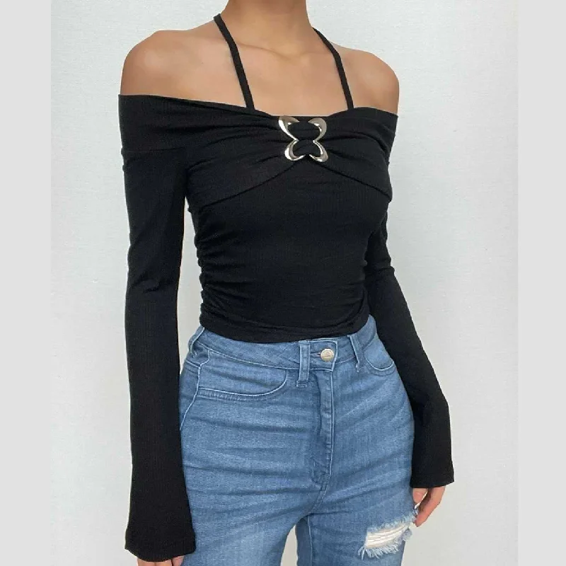 Off shoulder halter buckle long sleeve solid crop top Chenille Fabric Brocade Fabric Lace Fabric Off shoulder halter buckle long sleeve solid crop top Chenille Fabric Brocade Fabric Lace Fabric