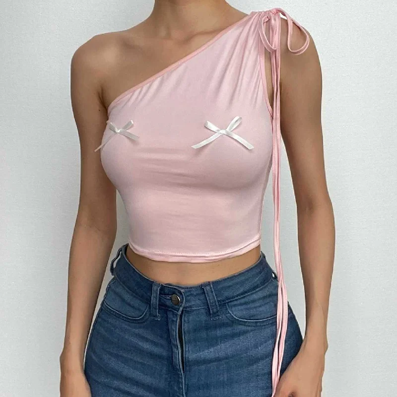 One shoulder drawstring ruched bowknot crop top Cozy Warm Stylish