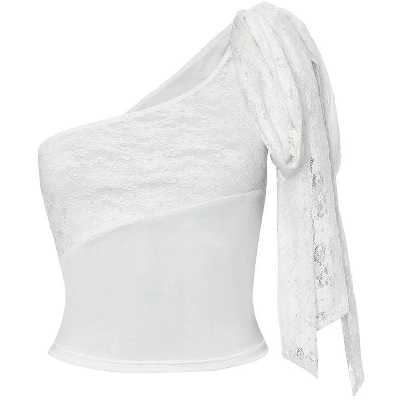 One shoulder lace knotted crop top Mesh Blend Leather Blend Suede Blend