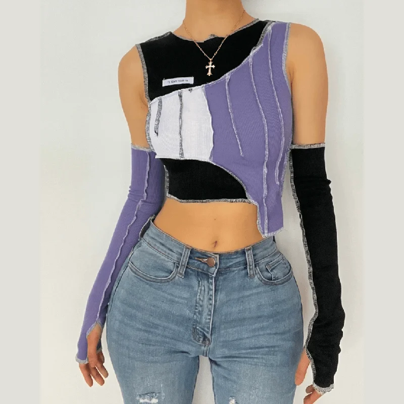 Patchwork off shoulder gloves ribbed crop top Real Fur Shearling Chenille