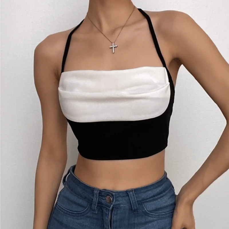 Pleated contrast patchwork halter backless crop top Zippered Buttoned Snapped
