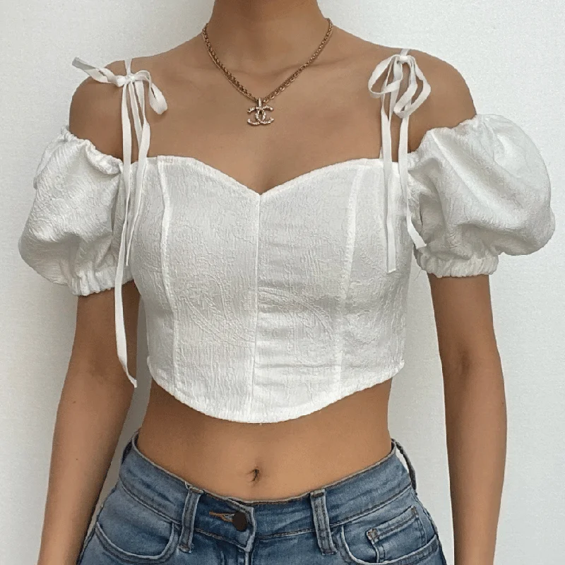 Puff sleeve solid smocked backless self tie crop top Nylon Fabric Polyester Fabric Spandex Fabric