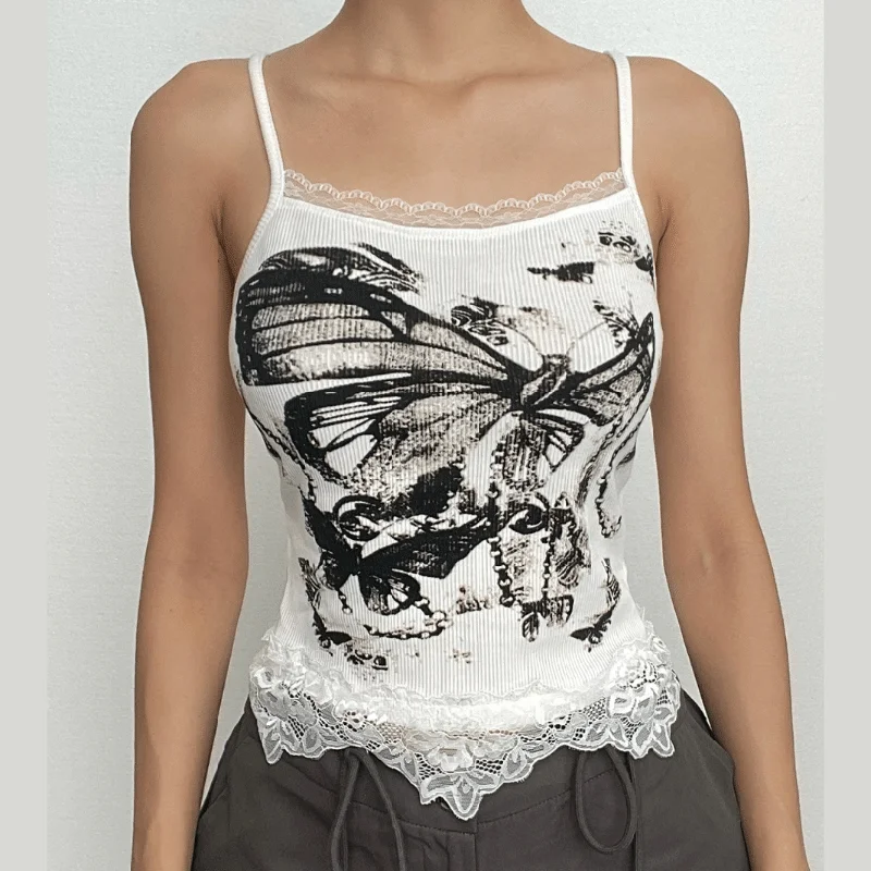 Ribbed butterfly pattern lace hem contrast cami crop top Print Jacquard Patchwork