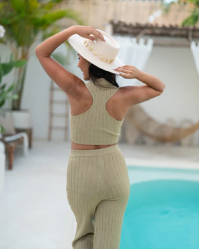 Ribbed Crop Top in Taupe Chenille Blend Fleece Blend Nylon Blend