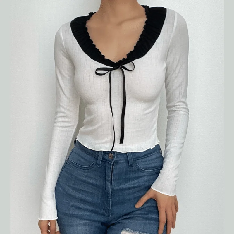 Ruffle contrast patchwork long sleeve bowknot crop top Fashionable Trendy Casual