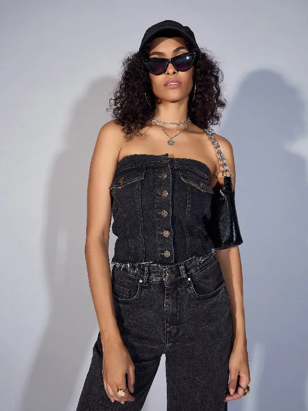 Women Black Denim Tube Crop Top Welt Pockets Slit Pockets Flap Pockets