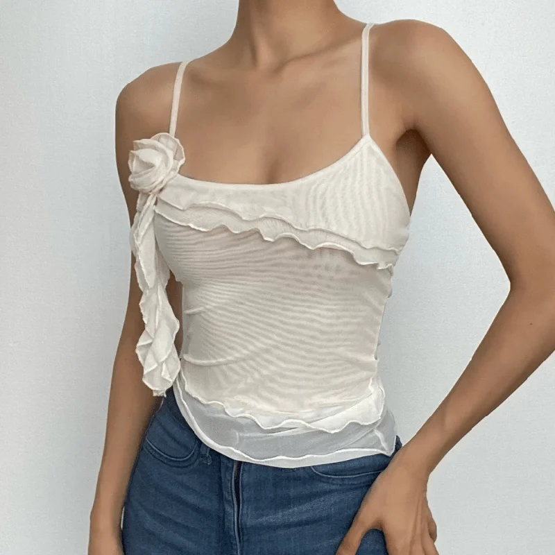 Sheer mesh flower applique ruffle u neck irregular crop top Elasticated Padded Insulated Sheer mesh flower applique ruffle u neck irregular crop top Elasticated Padded Insulated