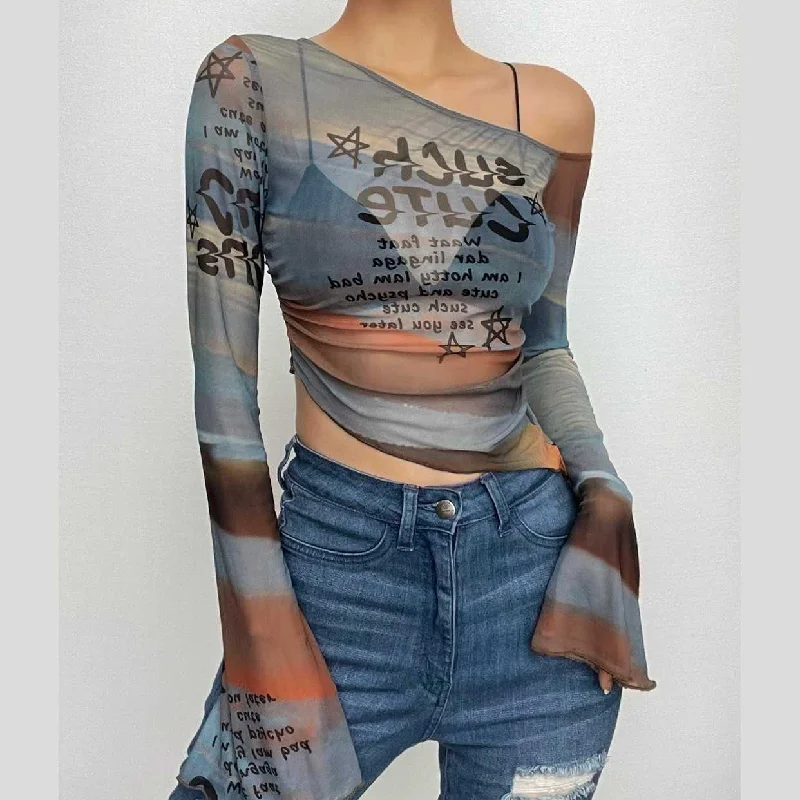 Sheer mesh see through off shoulder flared sleeve irregular contrast crop top Houndstooth Herringbone Solid Sheer mesh see through off shoulder flared sleeve irregular contrast crop top Houndstooth Herringbone Solid