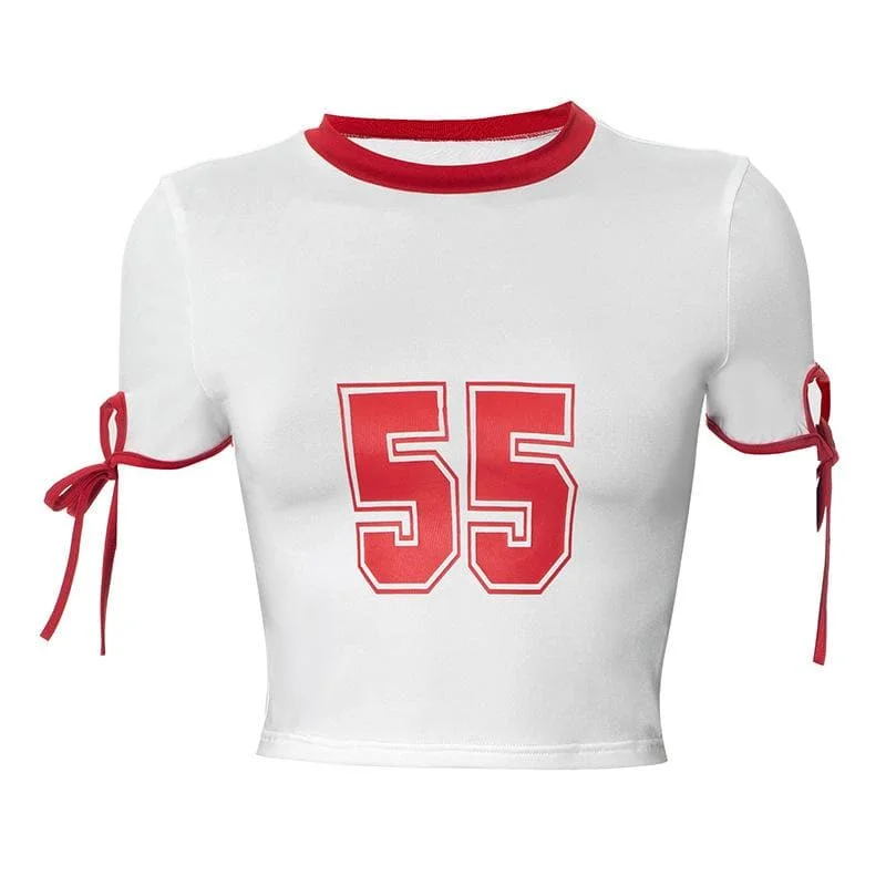 Short sleeve "55" pattern self tie crop top Thin Crop Top Open Front Quick Dry