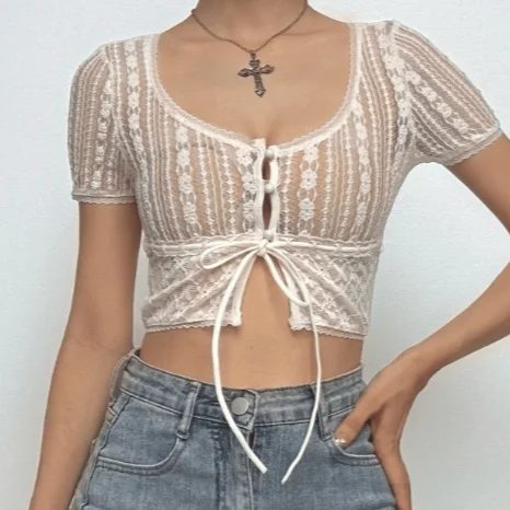 Short sleeve button lace see through crop top Wool Fabric Cashmere Fabric Tweed Fabric Short sleeve button lace see through crop top Wool Fabric Cashmere Fabric Tweed Fabric