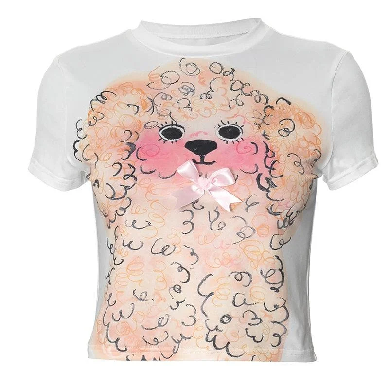 Short sleeve dog print bowknot crop top Anti-Pilling Machine Wash Handmade
