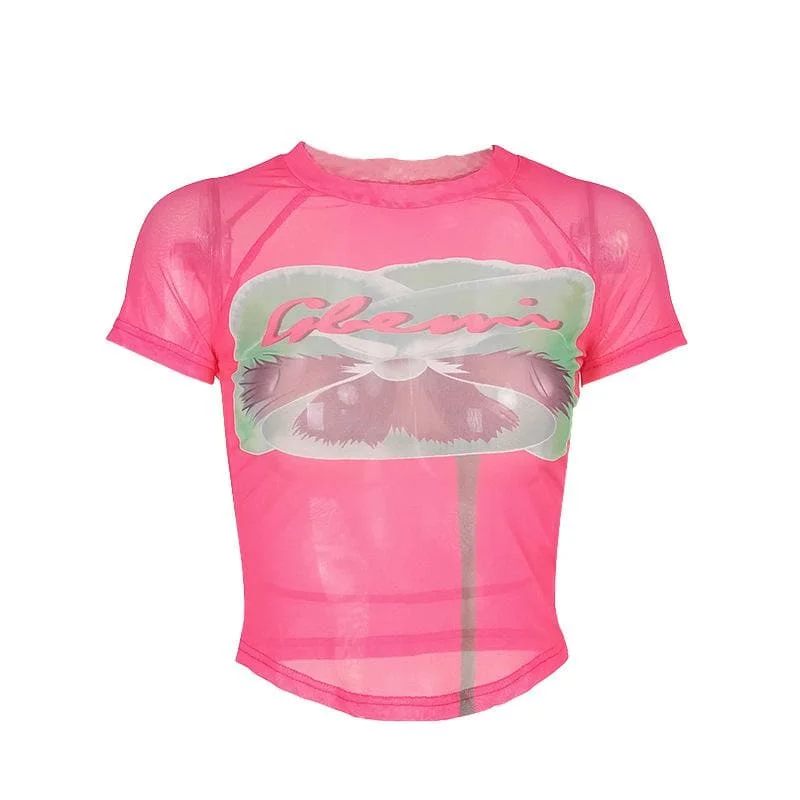 Short sleeve sheer mesh print crop top Collared Crop Top Boat Neck A-Line