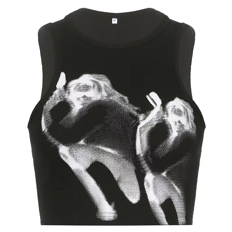 Sleeveless crewneck abstract contrast print crop top Rayon Fabric Velvet Fabric Corduroy Fabric